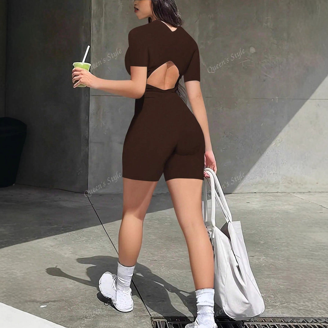 Damen Bodycon Jumpsuit mit kurzem Arm und Reißverschluss R&B