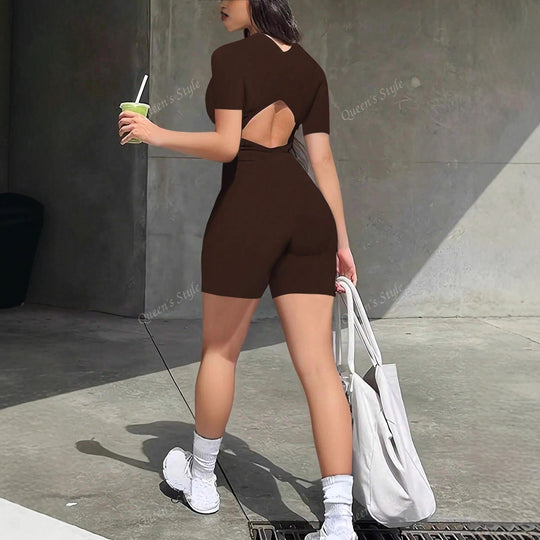 Damen Bodycon Jumpsuit mit kurzem Arm und Reißverschluss R&B
