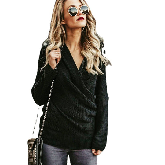 Damen Wickelpullover mit Off-Shoulder Design und lockerem Schnitt R&B