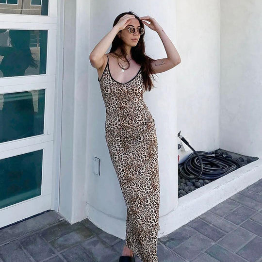 Damen elegantes Maxikleid mit tierischem Muster und schmalen Trägern R&B
