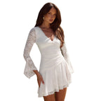 Damen Wickelkleid mit Spitzenärmel und voluminösem Rock R&B