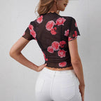 Damen nan tailliertes Netz-Crop-Top mit Rosenprint, Stehkragen und welligem Saum R&B