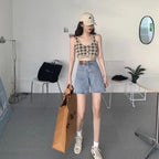 Damen Cropped Top mit Karomuster und Knopfdetail