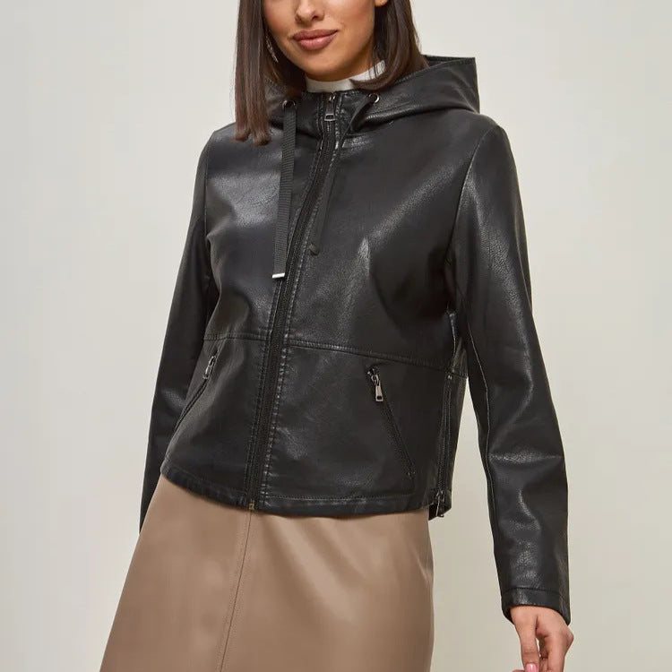 Damen modische Kunstlederjacke mit Kapuze und Reißverschlusstaschen R&B