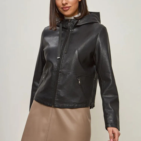 Damen modische Kunstlederjacke mit Kapuze und Reißverschlusstaschen R&B