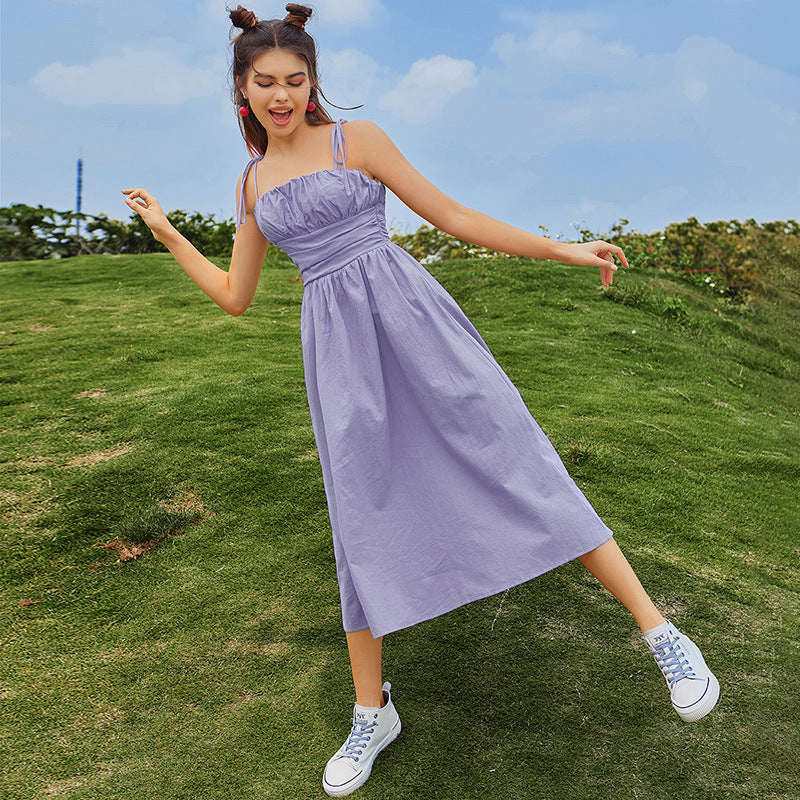 Damen Midi-Kleid mit elastischem Taillenbund und verstellbaren Spaghettiträgern R&B