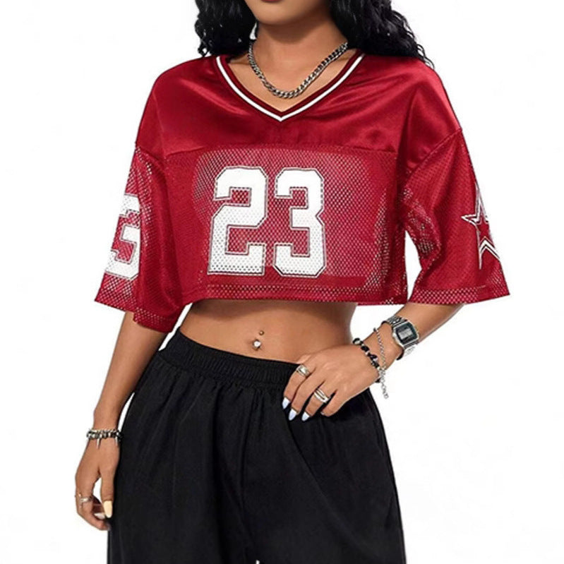 Damen sportliches Crop-Top aus atmungsaktivem Mesh-Material mit Nummer CD-R&B