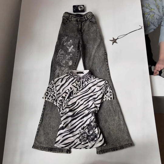 Damen Modisches T-Shirt mit tierischem Muster und dekorativem Kragen R&B