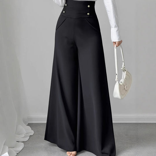 Damen Hochtaillierte Palazzo-Hose mit dekorativen Knöpfen R&B