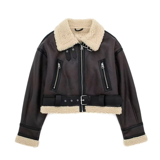 Damen modische Kurzjacke mit Schurwollkragen und Reißverschlusstaschen R&B