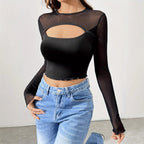 Damen nan Lagen-Crop-Top mit Brust-Cut-Out, Bustier-Innenlage und transparenten Langärmeln R&B