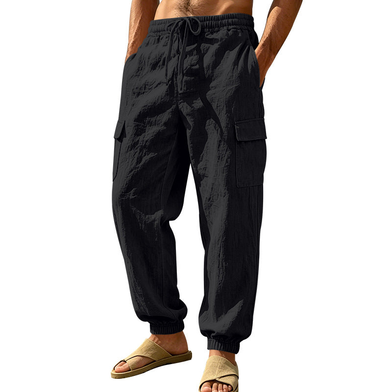 Herren nan leichte Cargo-Joggerhose aus Leinenmischung mit elastischem Tunnelzugbund, aufgesetzten Klappentaschen und gerippten Beinabschlüssen R&B