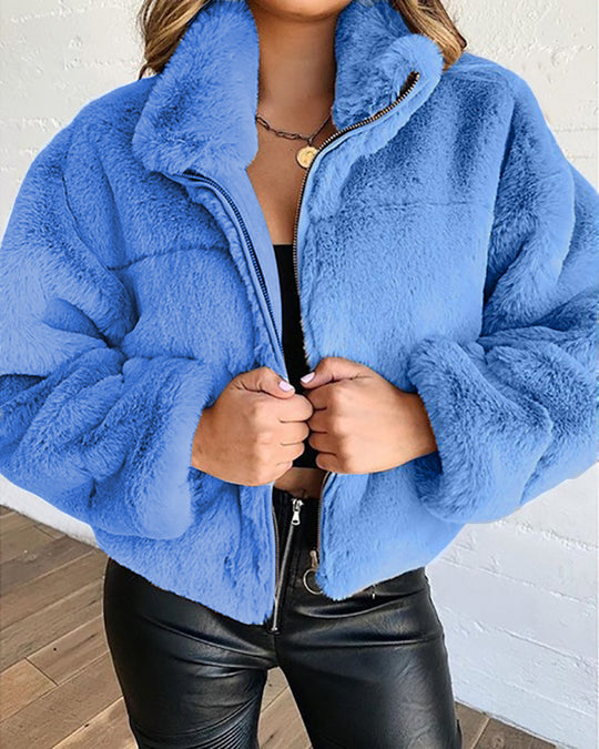 Damen Flauschige Trendjacke mit hohem Kragen R&B