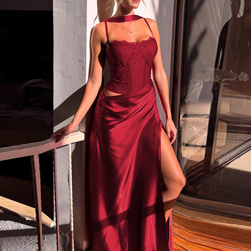 Damen elegantes Maxikleid mit Spitzenoberteil und fließendem Rock R&B