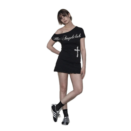 Damen Off-Shoulder T-Shirt mit Kreuzmotiv R&B