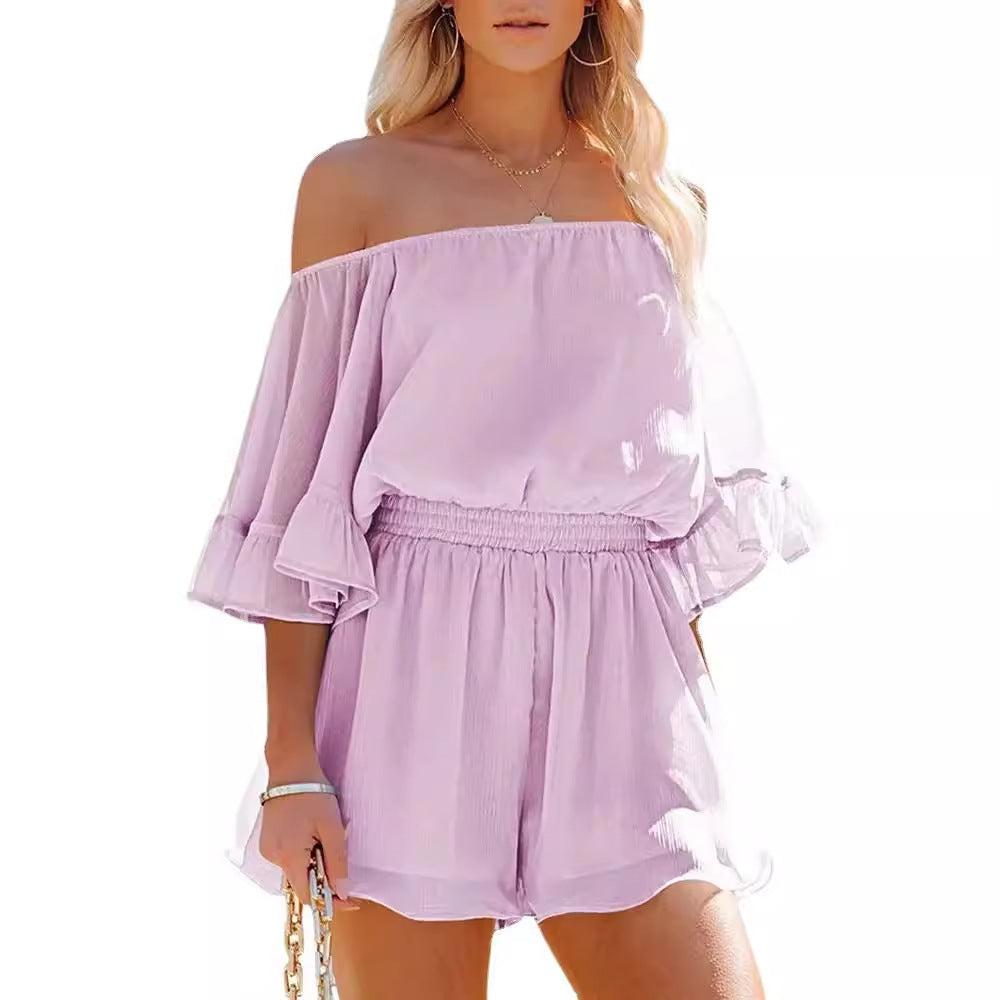 Damen Off-Shoulder Jumpsuit mit voluminösen Rüschensleeves R&B