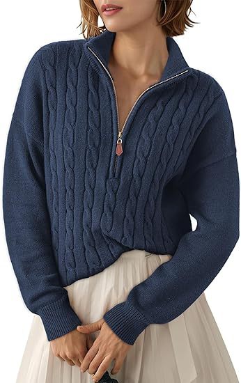 Damen Grobstrick Pullover mit Stehkragen und halbem Reißverschluss R&B