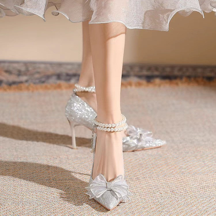 Damen stilvolle Pumps mit elegantem Schleifenakzent und schimmerndem Obermaterial R&B