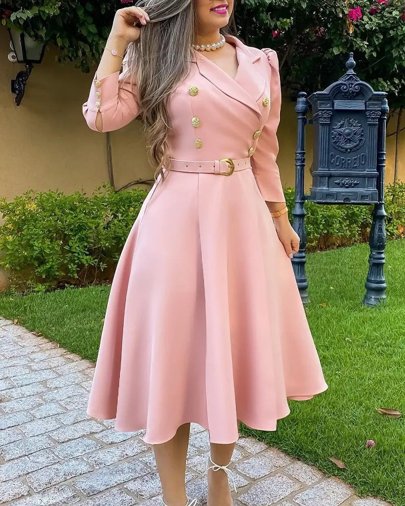 Damen Elegantes und feminines Kleid mit doppelter Knopfleiste und Gürtel R&B