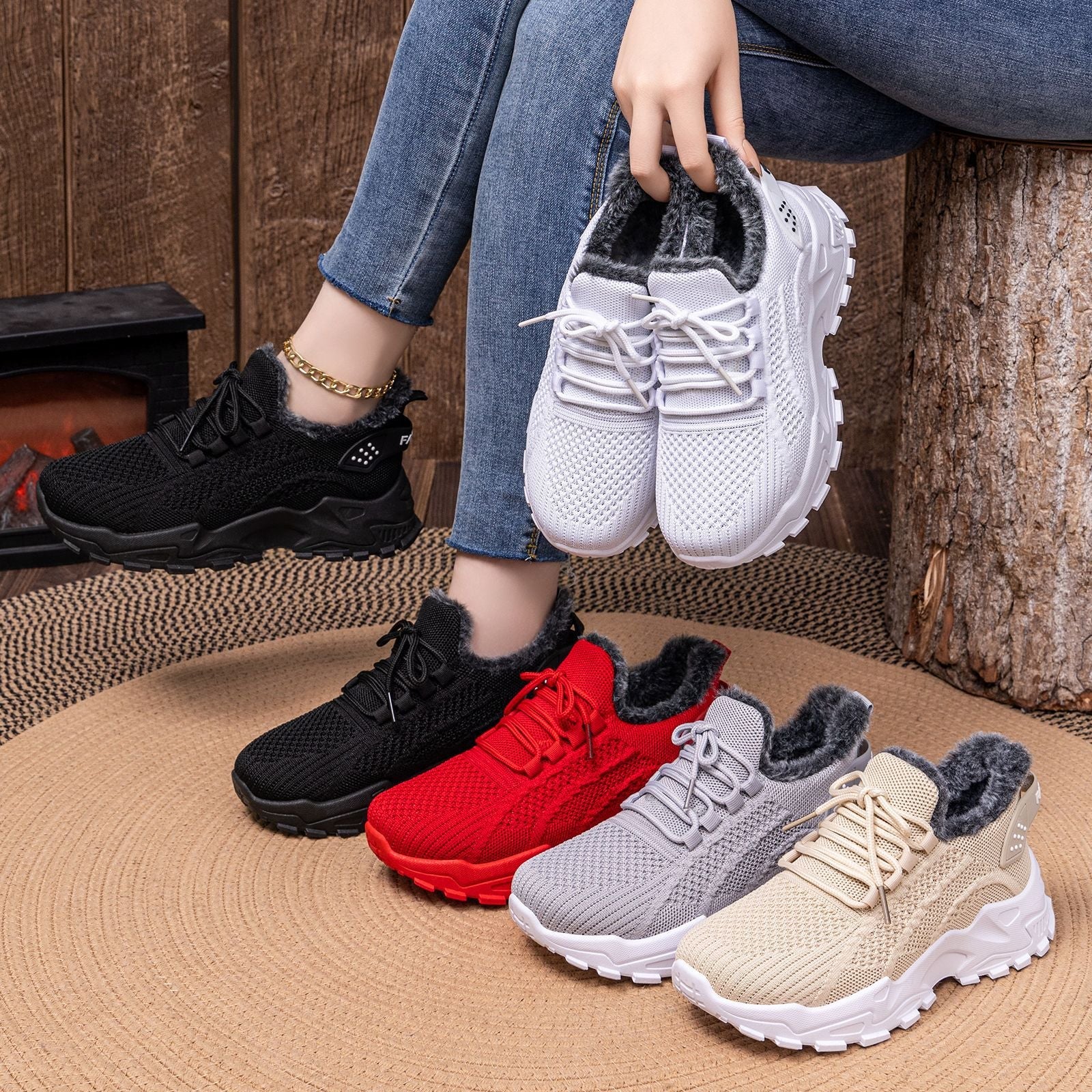 Damen warme Sneakers mit flauschigem Innenfutter und rutschfester Sohle R&B