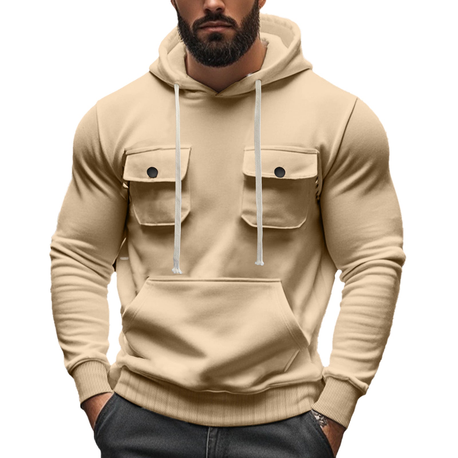 Herren nan sportiver Kapuzenpullover mit aufgesetzten Klappentaschen, Kängurutasche und schmalem Saum R&B