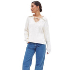 Damen Grobstrickpullover mit romantischem Kragen und praktischen Schnürdetails R&B