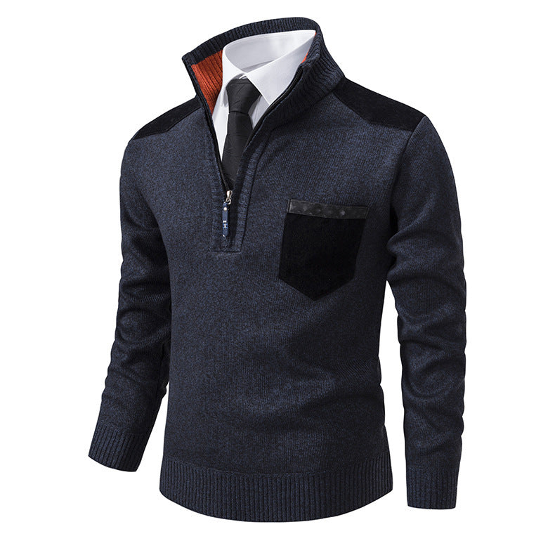 Herren eleganter Pullover mit Stehkragen und praktischer Brusttasche R&B