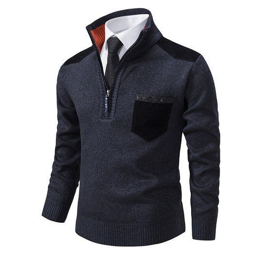 Herren eleganter Pullover mit Stehkragen und praktischer Brusttasche R&B