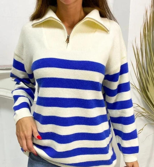 Damen gemusterter Pullover mit Stehkragen und Reißverschluss R&B