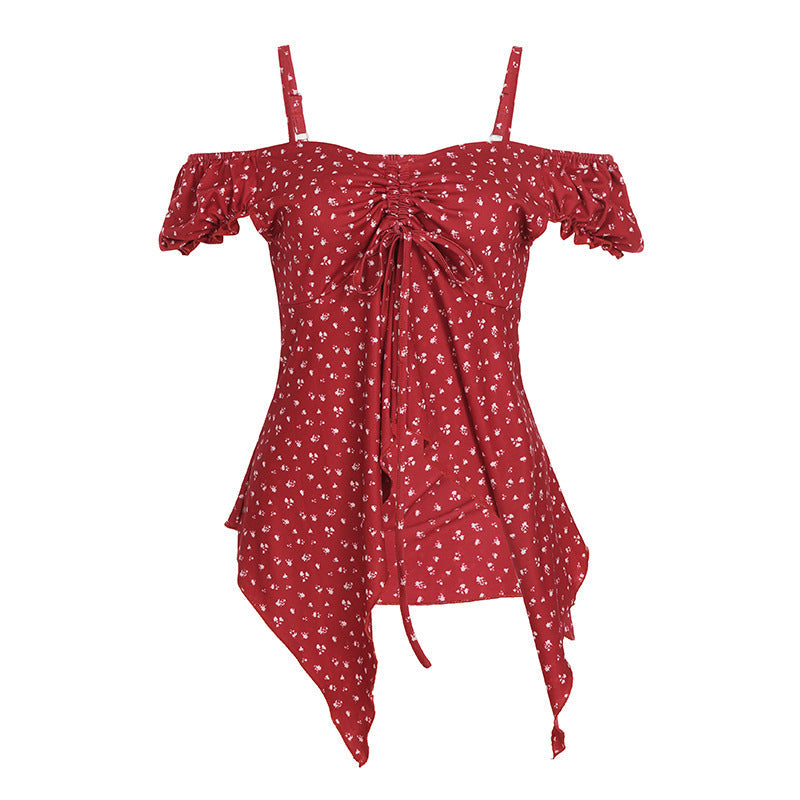 Damen Off-Shoulder-Oberteil mit süßem Blumenmuster und Raffung R&B