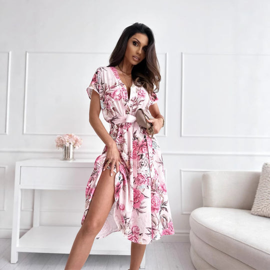 Damen Wickelkleid mit eleganter Blumenmusterung und Taillengürtel R&B