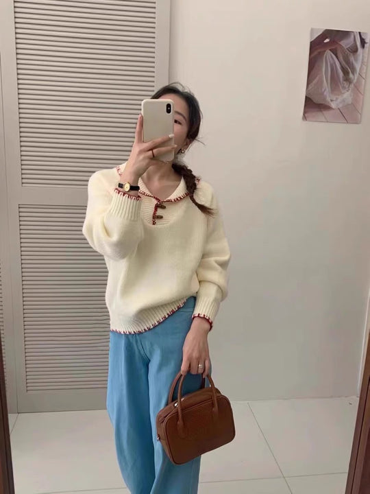Damen lässiger Strickpullover mit einzigartigem Knopfdesign und Kontrastdetails R&B