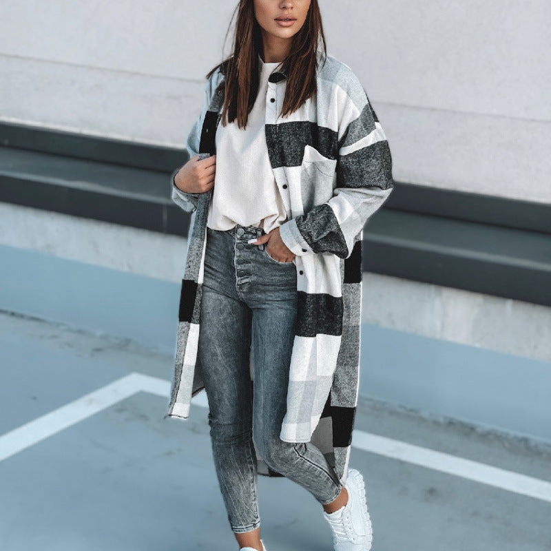 Damen Langer Karo-Wintermantel mit knöpfbarem Design und lockerer Passform R&B