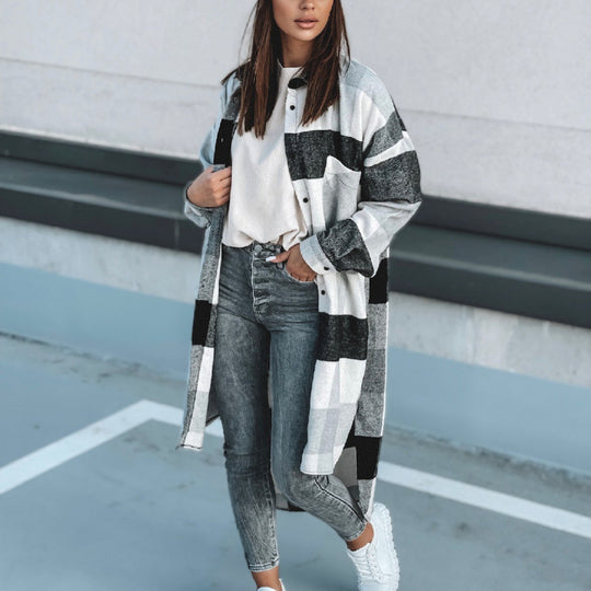 Damen Langer Karo-Wintermantel mit knöpfbarem Design und lockerer Passform R&B