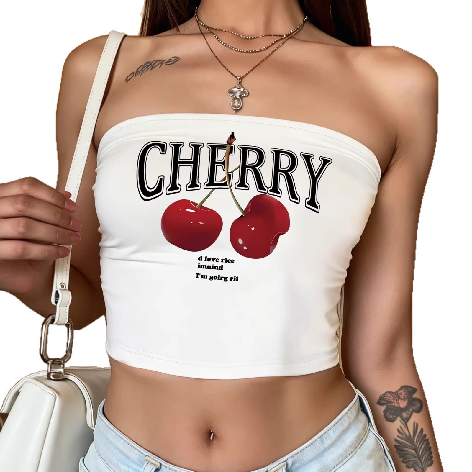 Damen Bandeau Top mit auffälligem Kirschmotiv R&B