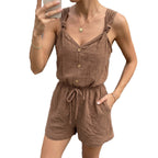Damen lässiger Jumpsuit mit knöpfbarem V-Ausschnitt und elastischem Bund R&B