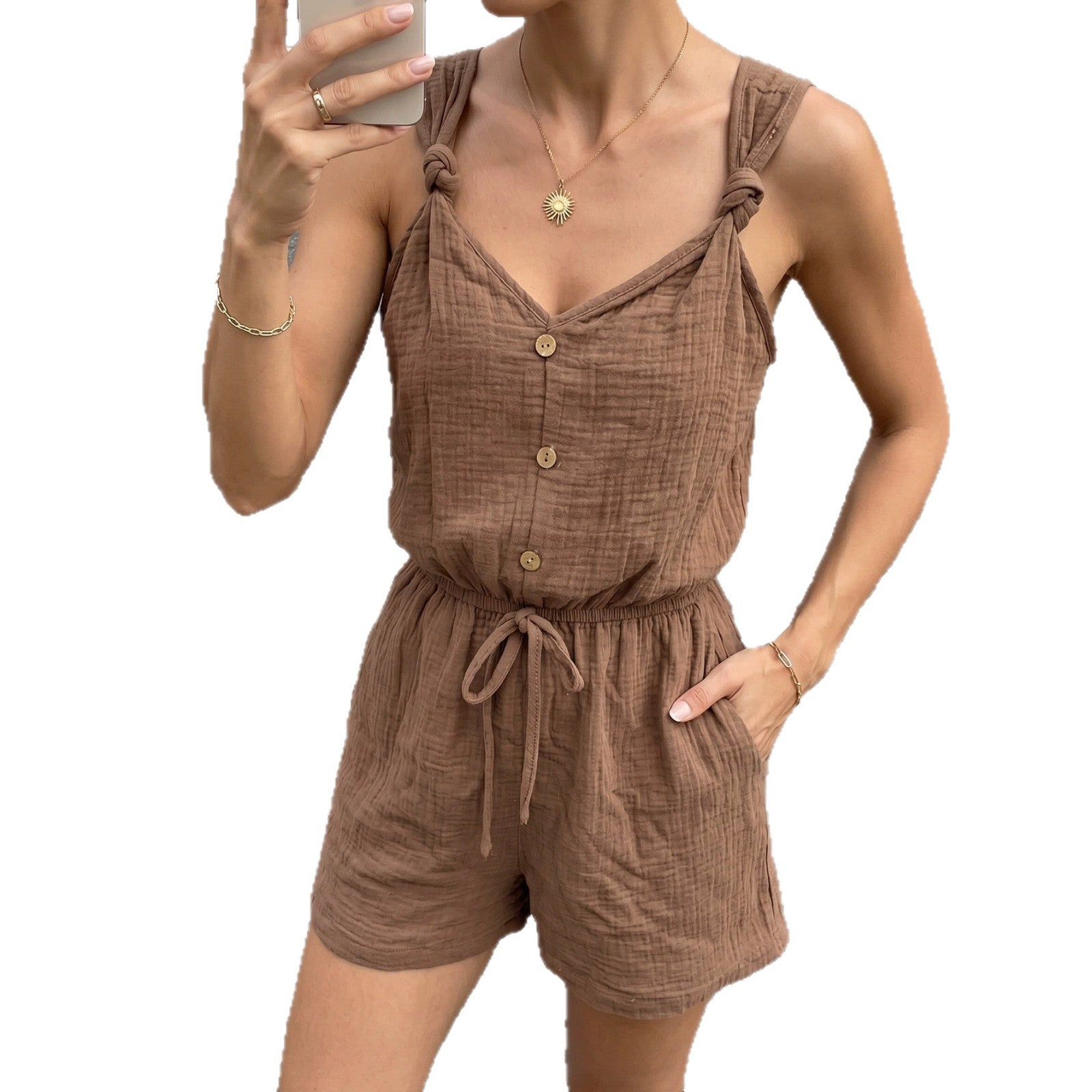 Damen lässiger Jumpsuit mit knöpfbarem V-Ausschnitt und elastischem Bund R&B