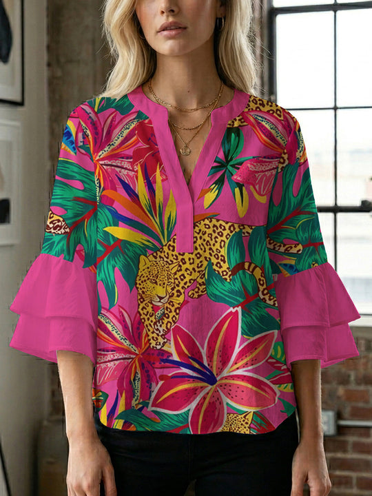 Damen lässige Bluse mit Volantärmeln und botanischem Druck R&B