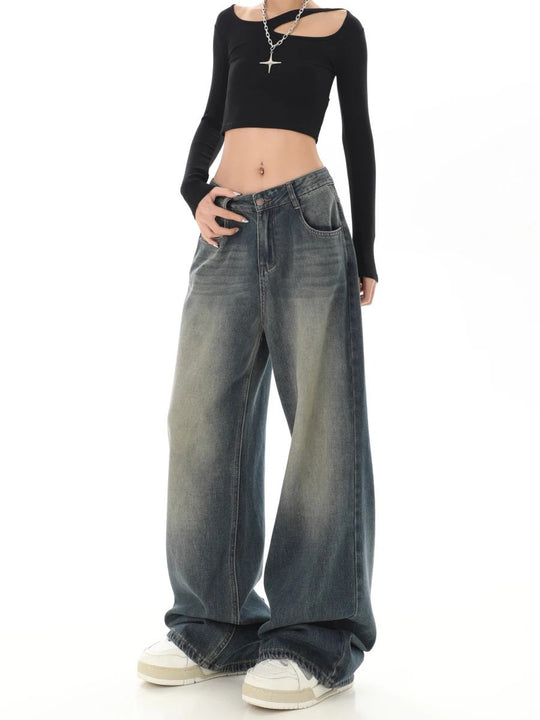 Damen Weite Jeanshose mit hohem Bund R&B