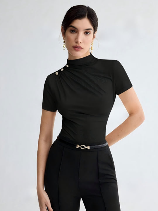 Damen elegantes Oberteil mit dekorativen Knopfdetails und modernem Stehkragen R&B