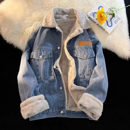 Damen oversized Jeansjacke mit Innenfutter aus Teddyfell R&B