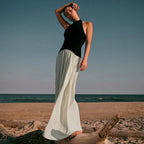 Damen Elegantes Maxikleid mit hochgeschlossenem Design und zwei Farbdetails R&B