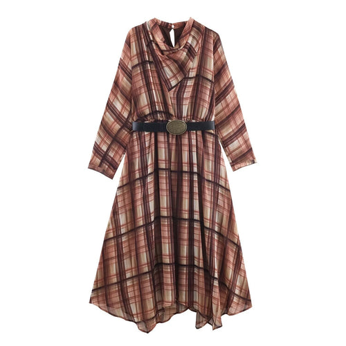 Damen Langarm Kleid im karierten Design mit asymmetrischem Saum und Bindegürtel R&B