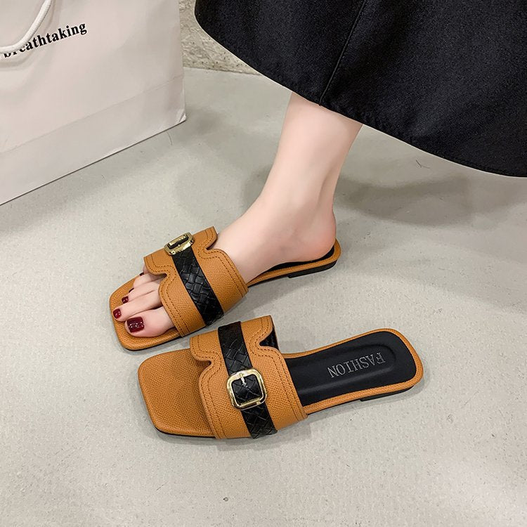 Damen Slide-Sandalen mit modischem Riemendesign und glänzendem Schnallenakzent R&B