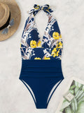 Damen Einteiliger Badeanzug mit floralem Design und Langen BindR&Bändern R&B