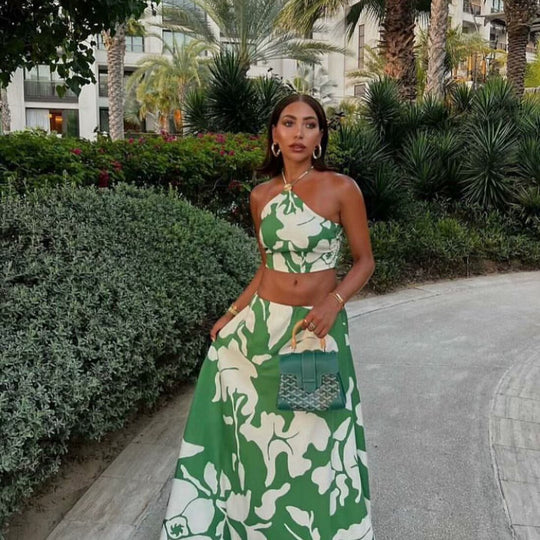 Damen Set aus Crop-Top und Maxiröcken mit floralem Design R&B