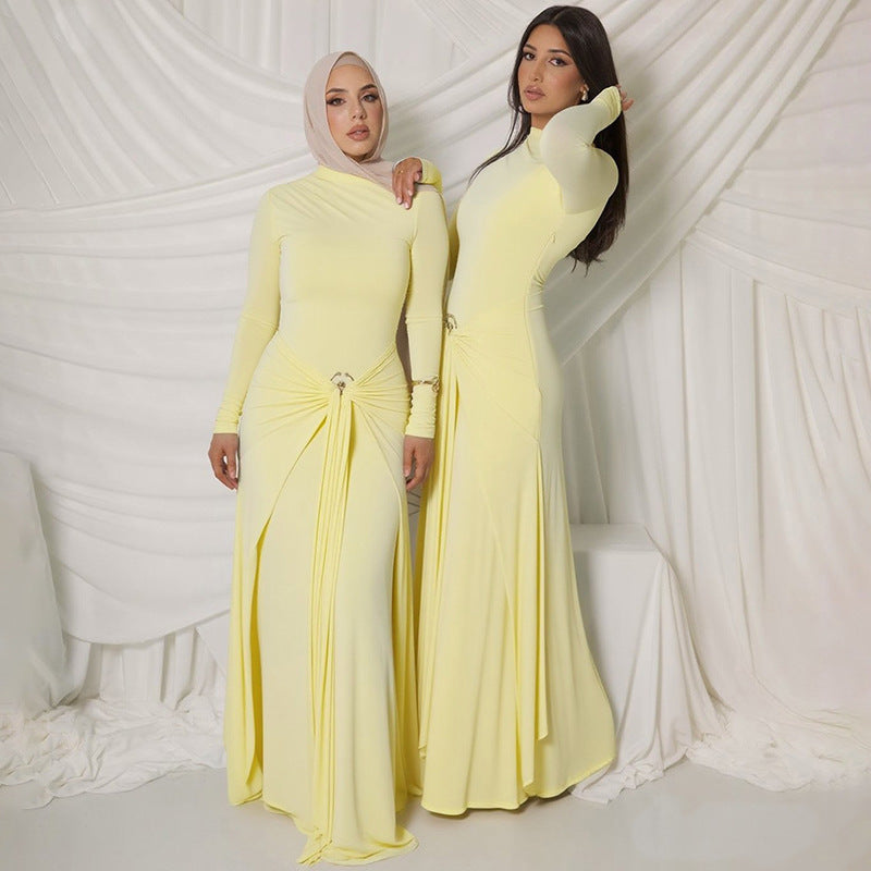 Damen Elegantes Maxikleid mit Drapierungsdetails und langem Arm