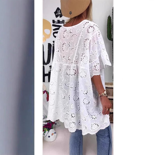 Damen Bluse mit floralen Stickereien und weiten Ärmeln R&B