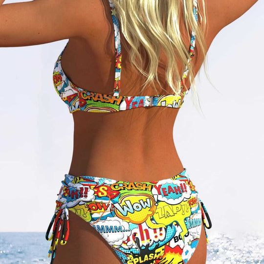 Damen Bikini-Set mit verspieltem Comic-Print und verstellbaren Seitenschnüren R&B