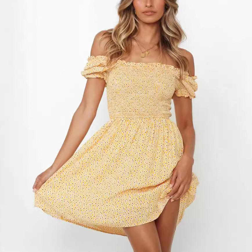Damen Off-Shoulder Sommerkleid mit elastischem Oberteil und verspielten Rüschendetails R&B